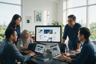 A group of employees are working together.