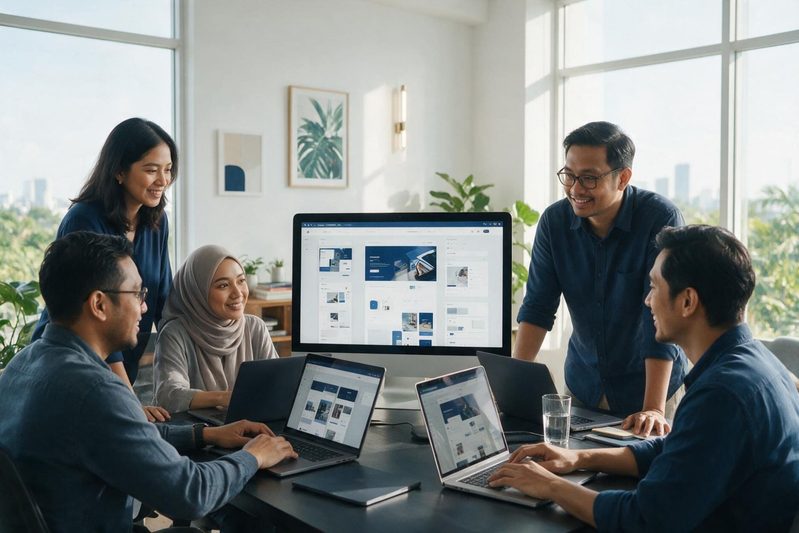 A group of employees are working together.
